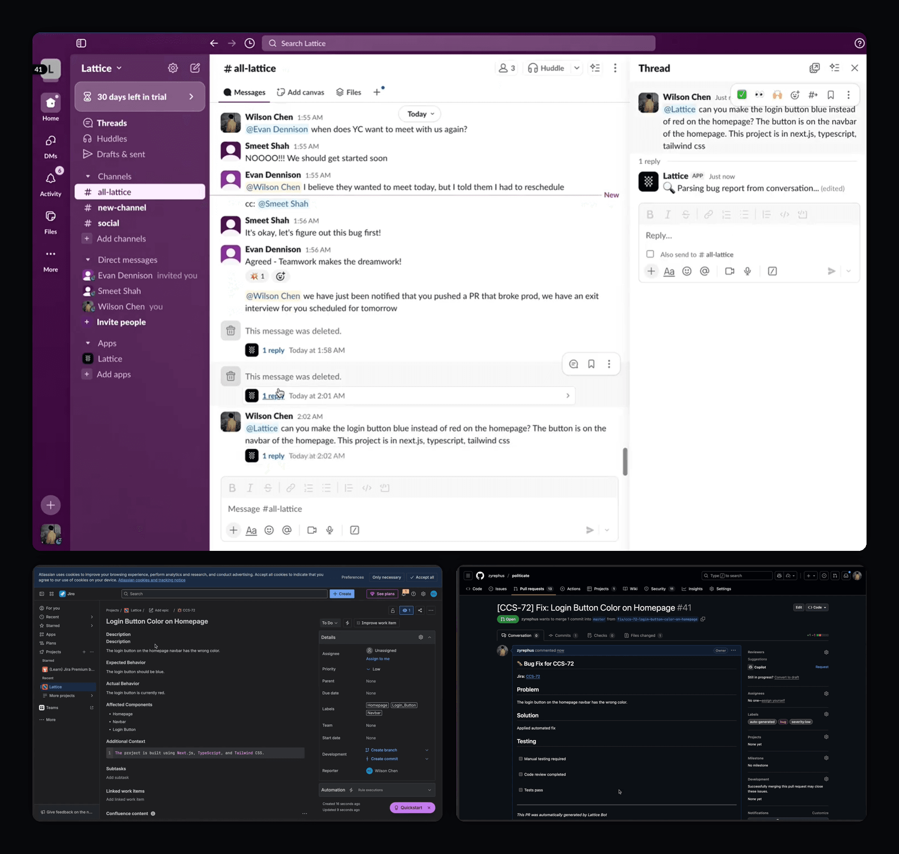 Lattice in Slack, with the Jira ticket and GitHub pull request it creates.